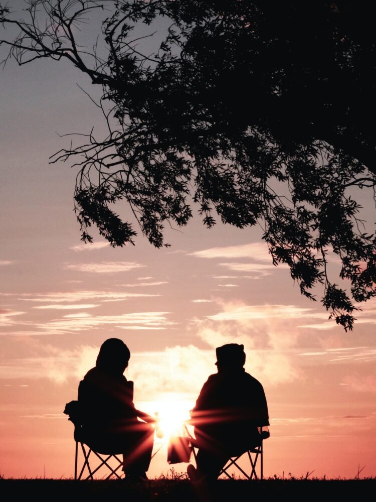 silhouette of two person sitting on chair near tree